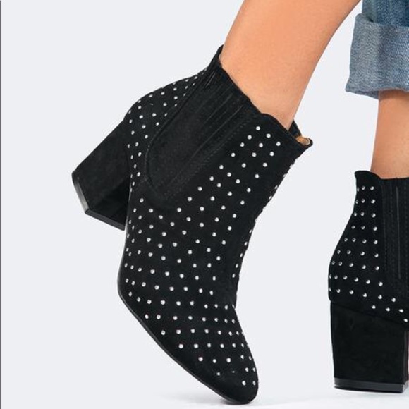 Black Studded Kitten Block Heel Ankle Booties - Picture 4 of 8